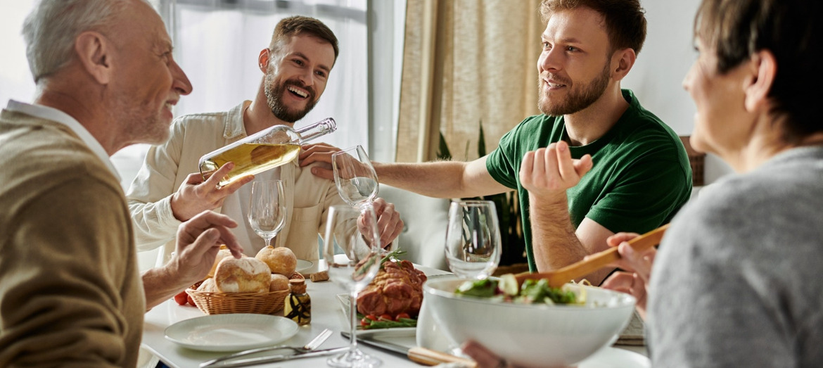 A family having dinner together.